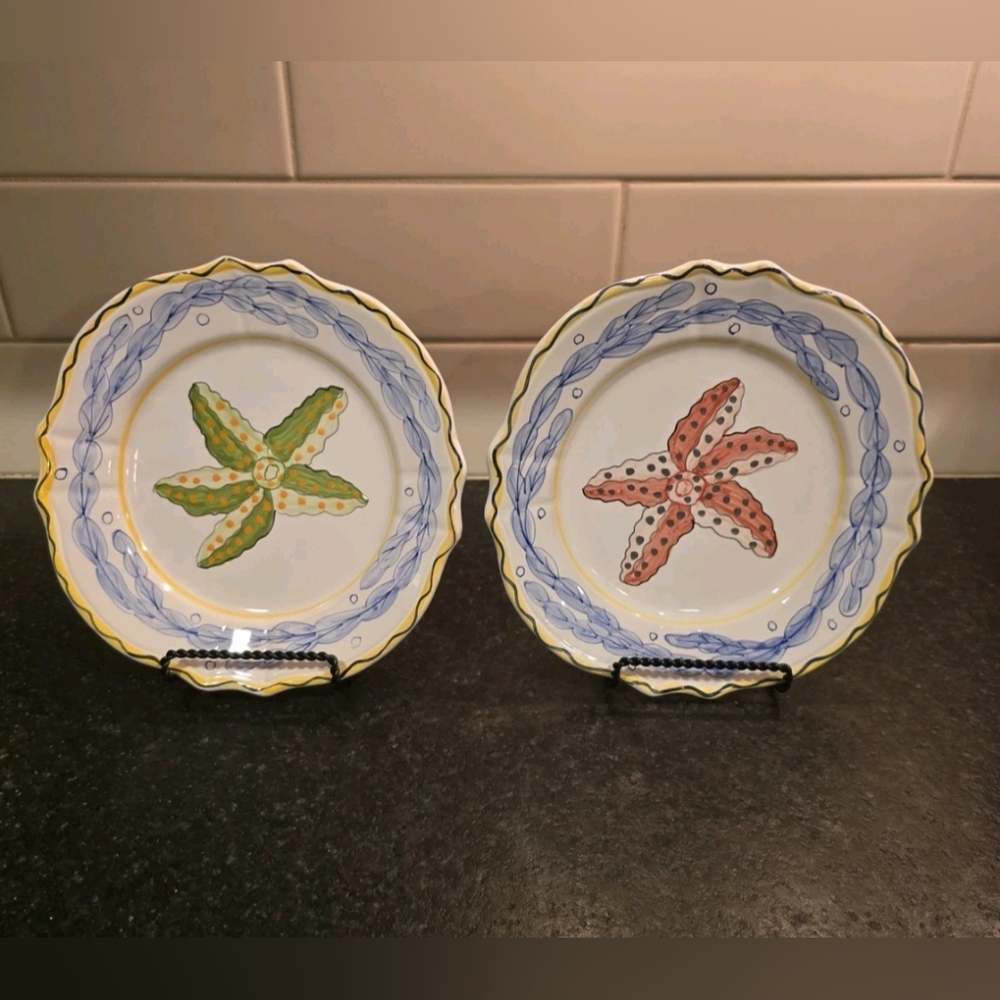 Green and rose starfish plates handpainted in italy set of 2